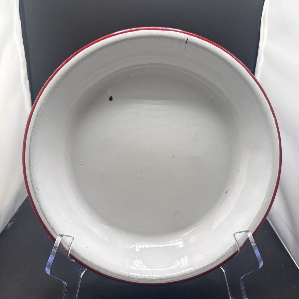 Vintage White Red Rim Enamelware Dinner Plate Farmhouse Camp Rustic 9.25 Inches